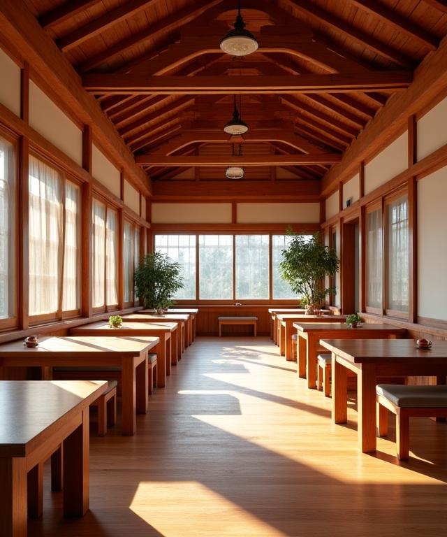 The warm wooden interior of the Hanok Bapsang restaurant