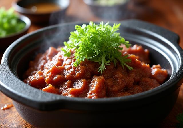A serving of delicious Gungjung Galbijjim in a ceramic pot