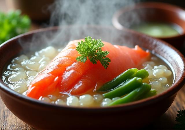 A bubbling seafood hot pot with abalone and fresh vegetables