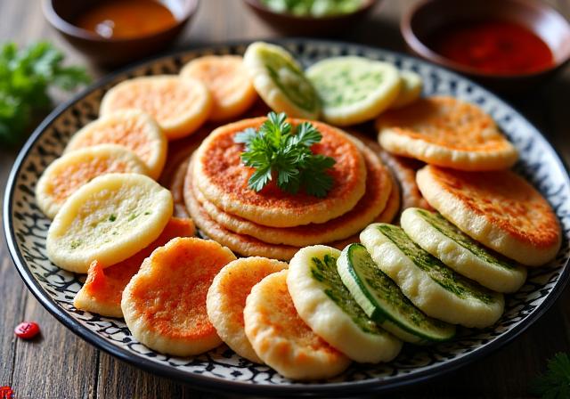 A platter of colorful and assorted Korean pancakes (Jeon)